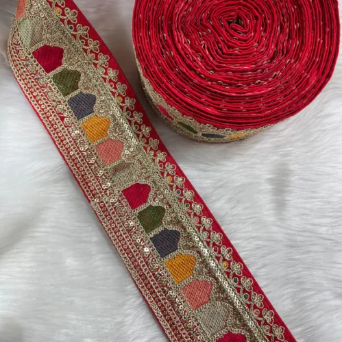 Sabyasachi Inspired Embroidery Lace Borders – 9 Meters, 3-Inch Width, Handcrafted Elegance | Red