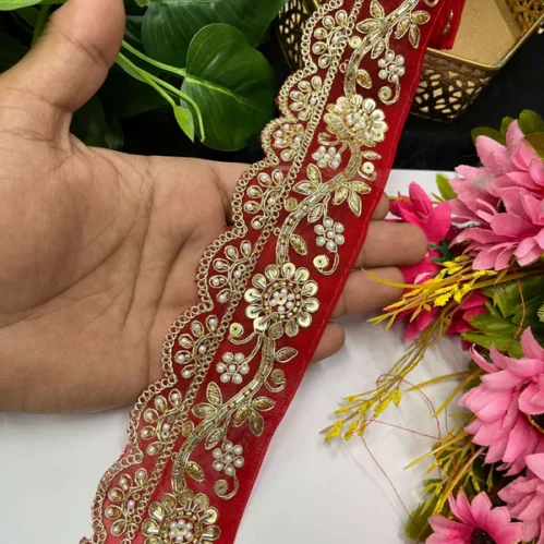 Gorgeous Embroidered Pearl & Cutdana Designer Lace – 9 Meters, 2.5-Inch Maggam Work Border for Sarees & Lehengas | Red